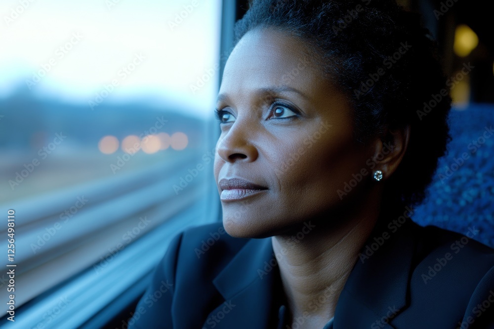 Mature african female reflecting looking out train window traveling contemplative mood Mature african female reflecting looking out train window traveling contemplative mood