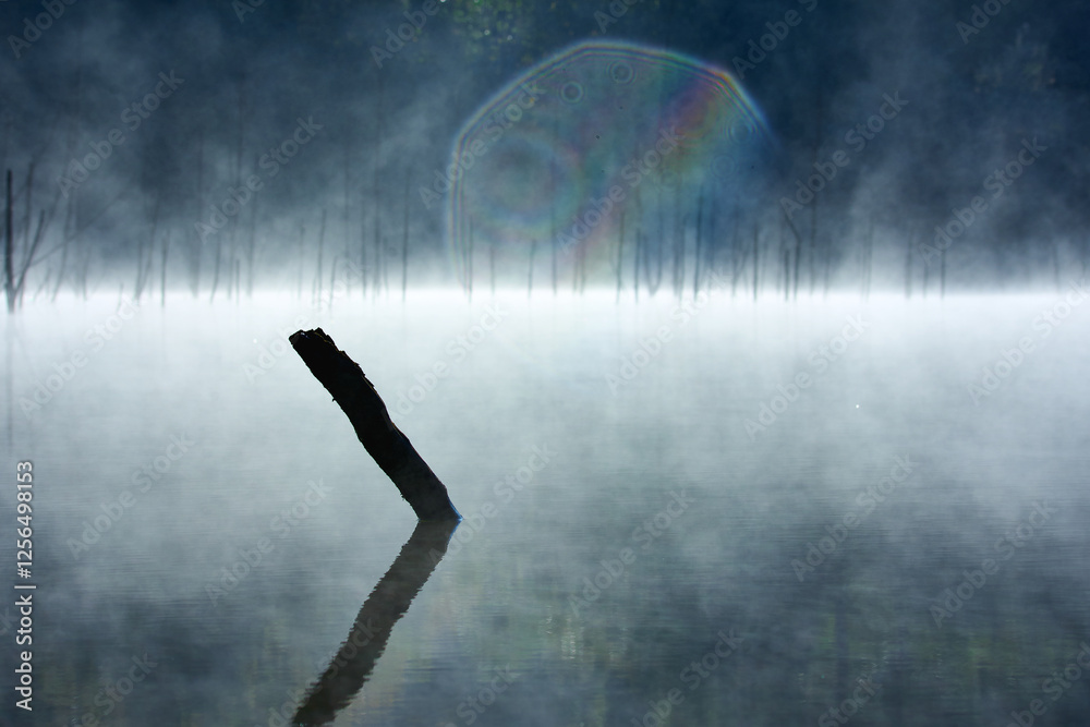 Autumn landscape with fog and trees reflecting in the water on Cuejdel Lake