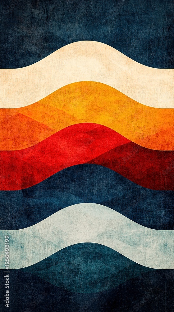 A colorful, abstract design featuring wavy stripes in vibrant hues against a textured dark background.