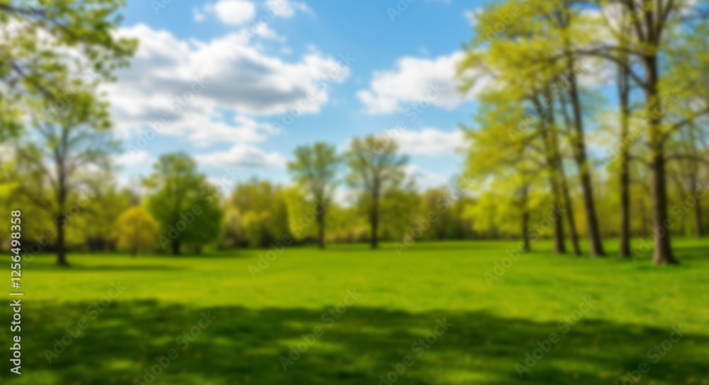 Beautiful blurred background image of spring nature with a neatly trimmed lawn surrounded by trees against a blue sky with clouds on a bright sunny day.
Beautiful blurred background image of spring nature with a neatly trimmed lawn surrounded by trees against a blue sky with clouds on a bright sunny day.