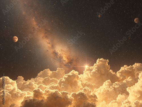 Golden cosmic clouds drifting through space, illuminated by distant galaxies, soft glowing stars, dreamy cosmic atmosphere, ultra-realistic, high resolution, deep space art
