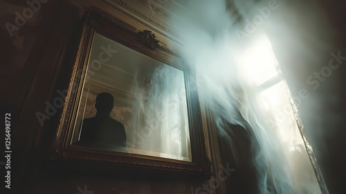 Transparent apparitions, vintage mirror surface, spooky ambiance, victorian era, supernatural theme. Whispering Mirrors. Illustration