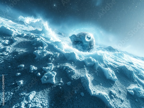 Frozen cosmic landscape with an icy blue nebula in deep space, shimmering stardust, breathtaking galactic scenery, realistic 3D space rendering, ultra-HD image