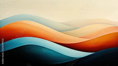   A stunning artwork depicts a majestic mountain range bathed in blue, orange, and white light, set against a serene white sky in the distance