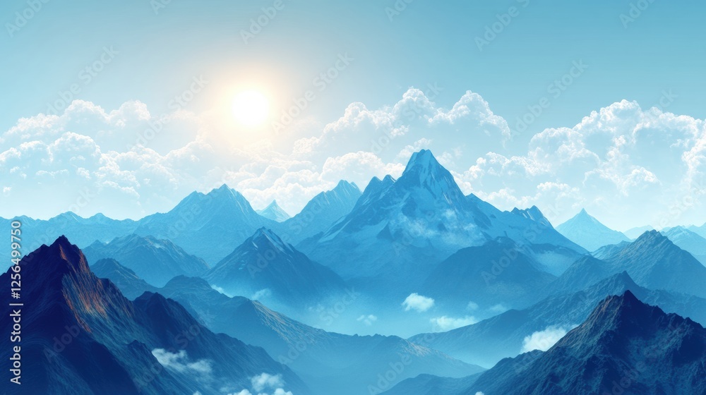 Obraz premium Majestic mountain range under soft clouds and a bright sun in a tranquil blue sky inviting exploration and wonder. Generative AI