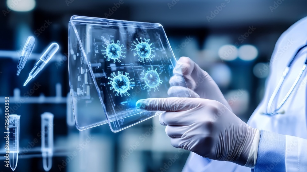Medical Professional Holding Transparent Display with Virus Graphics and Laboratory Equipment Medical Professional Holding Transparent Display with Virus Graphics and Laboratory Equipment