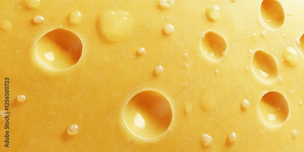 Microscopic view of a slice of cheese with numerous tiny holes or bubbles, emphasizing texture and intricate details.