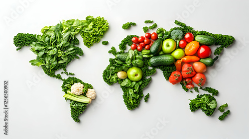 World map shaped from fresh vegetables and herbs; concept of global food, healthy eating, sustainable agriculture.