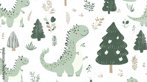 Prehistoric dinosaurs seamless pattern with light green silhouettes of dino species roam amidst ancient trees and plants on white background. Vector childish tile with dino at tropical landscape