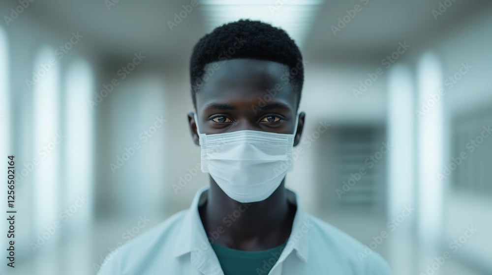 Focused young doctor wearing a protective face mask in hospital Focused young doctor wearing a protective face mask in hospital