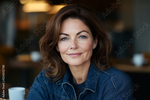 Confident mature caucasian female in denim jacket relaxing at a café