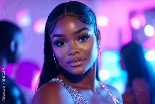Elegant african female in glittering dress at vibrant evening event