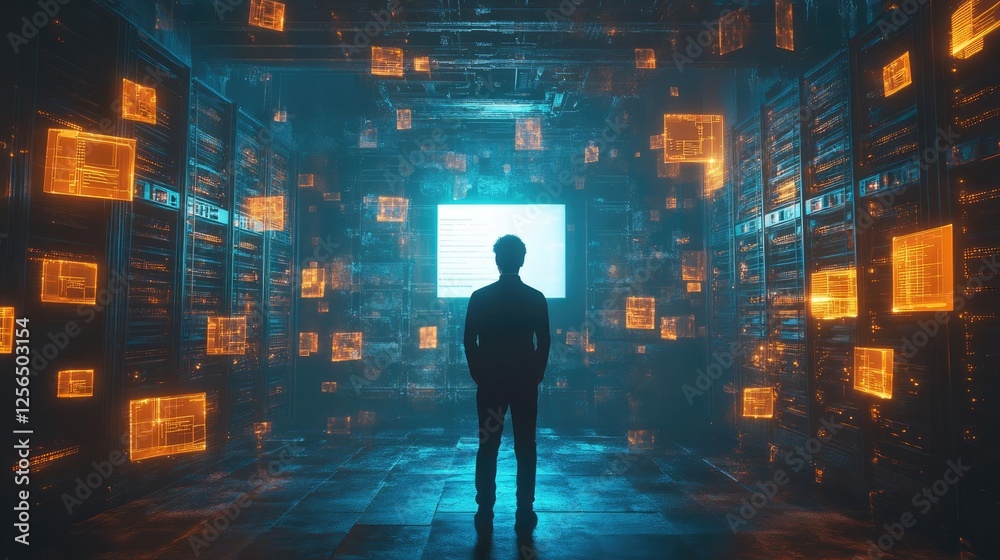 Employee Working in Modern Data Center with Server Racks and Laptop