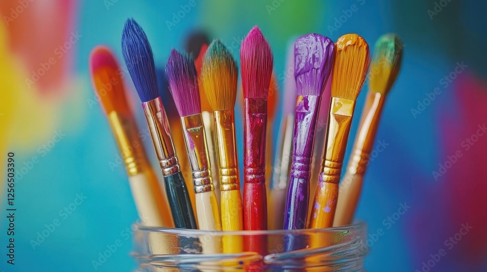 Fototapeta premium Paintbrushes in jar, close-up of colorful paintbrushes arranged neatly in a jar