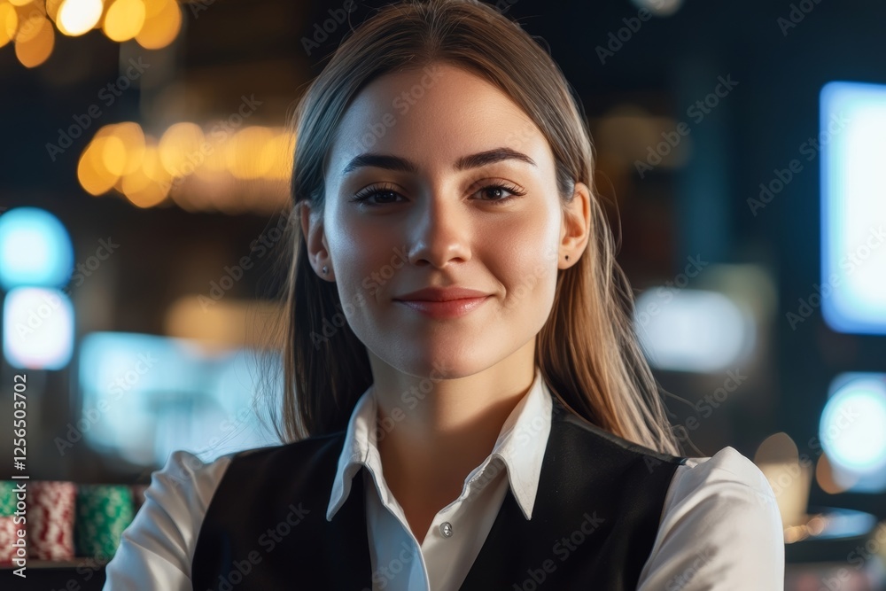 Obraz premium Confident young caucasian female casino dealer with blurred lights