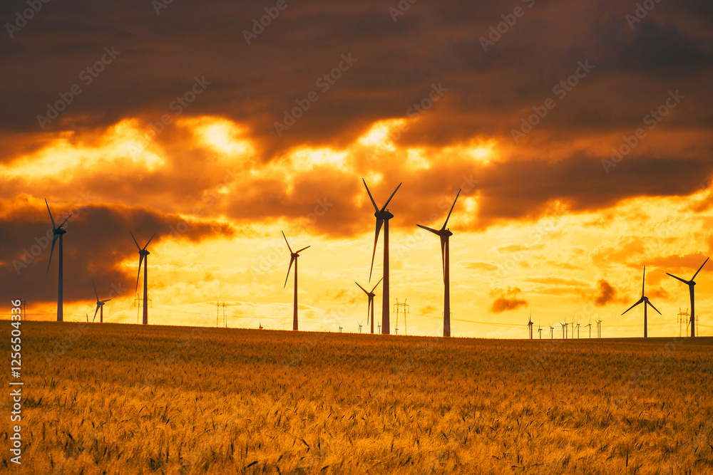 Wind turbines in the wheat plantation in the morning at sunrise 52
