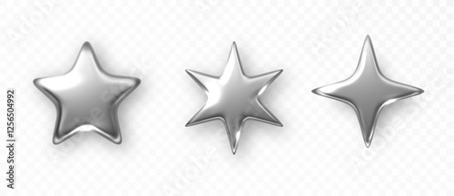 Silver star isolated. Christmas stars of various shapes. Realistic 3d metallic silver design element