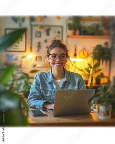 Wallpaper Mural Gen Z Professional Smiling While Working Remotely in Stylish Cozy Workspace Torontodigital.ca