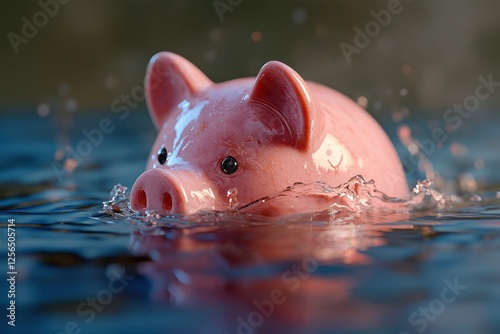 Financial Crisis: Piggy Bank at Risk of Drowning in Debt - 3D Rendered Concept