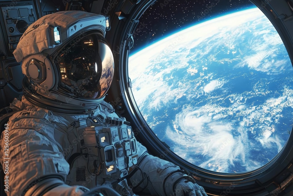 Space Odyssey: Futuristic Astronaut in High-Tech Space Station Admiring Earth from Orbit Space Odyssey: Futuristic Astronaut in High-Tech Space Station Admiring Earth from Orbit