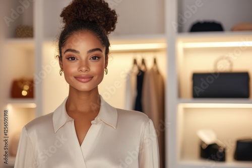 Young african female professional smiling in modern boutique setting