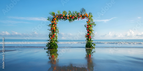 Beach Wedding by Tropical Flower Arch photo