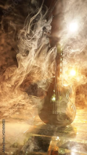 Music Concept: Guitar Miniature on a Dark Background with Vivid Light, Smoke, and Fire Effects. Golden electro guitar under a Dramatic Spotlight.