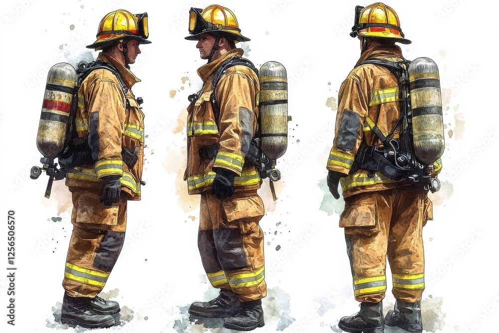 Firefighter in safety gear with oxygen tanks in profile and back view Firefighter in safety gear with oxygen tanks in profile and back view