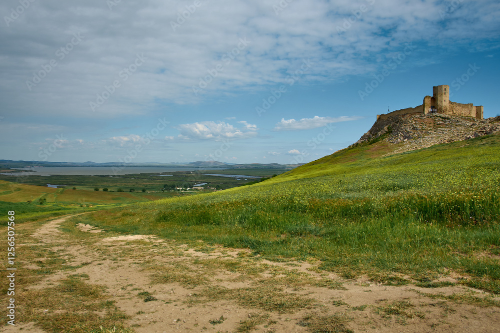 Spring landscape with green grass at Enisala Fortress, Sarichioi