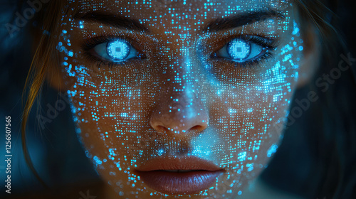 Close-up of a human face transformed by digital code with glowing elements, set against a cyberpunk backdrop showcasing hyper-realistic textures