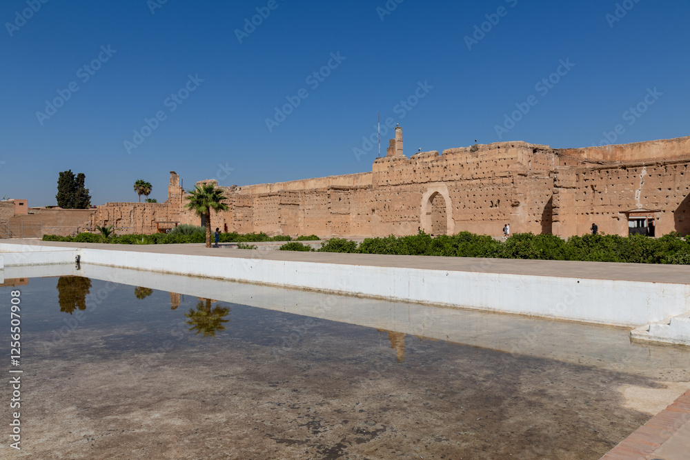 Fototapeta premium El Badi Palace, Marrakech, Morocco, North Africa, Africa. Remains of a 16th century palace whose garden walls and orange grove are still preserved.