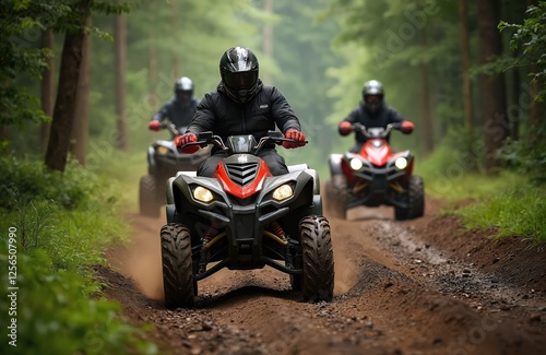ATV riders journey through forest dirt road. Extreme off-road adventure, driving quad bikes. Leader guides group through woods, enjoying summer holiday, outdoor recreation, healthy active lifestyle,