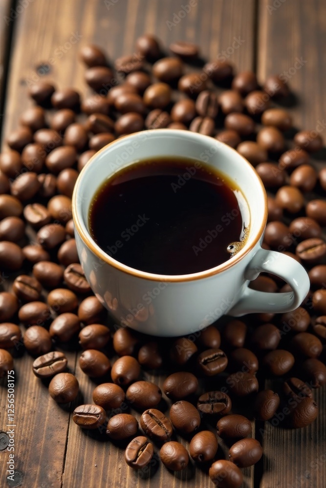 Coffee cup surrounded by beans on old wood, furniture, coffee Coffee cup surrounded by beans on old wood, furniture, coffee