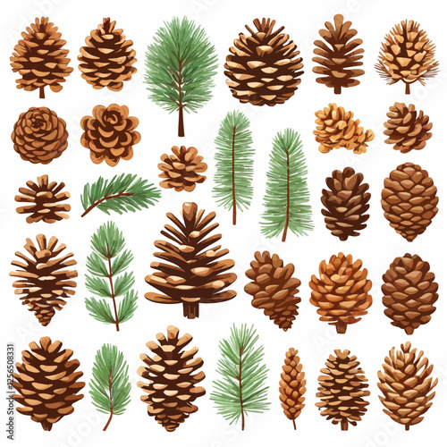 A collection of pine cones in various sizes and shapes. The pine cones are arranged in a way that creates a sense of depth and dimension. Scene is warm and inviting