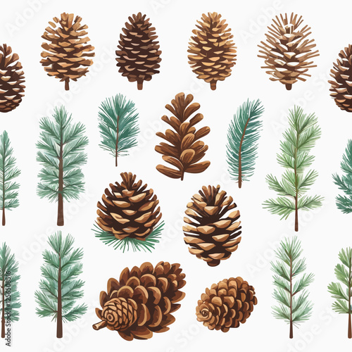 A collection of pine cones in various sizes and shapes. The pine cones are arranged in a way that creates a sense of depth and dimension. Scene is warm and inviting