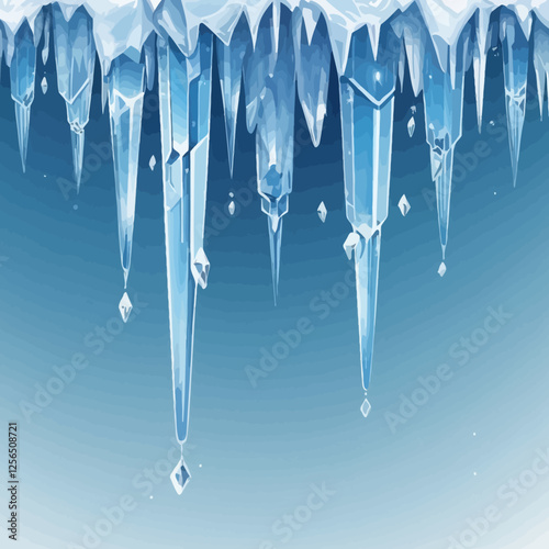 Vector icicle winter set, isolated hanging blue frozen ice, 3D sharp cornice crystal collection. Christmas holiday decoration object pack on transparent background. Big icicle of winter illustration s