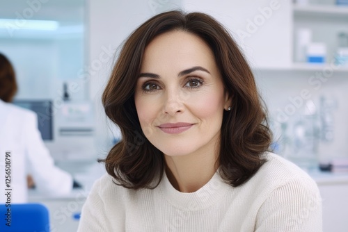 Confident caucasian female adult in modern medical office setting photo