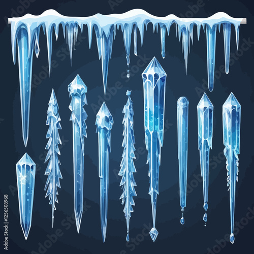 Vector icicle winter set, isolated hanging blue frozen ice, 3D sharp cornice crystal collection. Christmas holiday decoration object pack on transparent background. Big icicle of winter illustration s