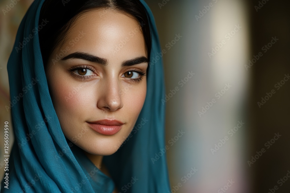 Young hispanic female with blue headscarf smiling softly Young hispanic female with blue headscarf smiling softly