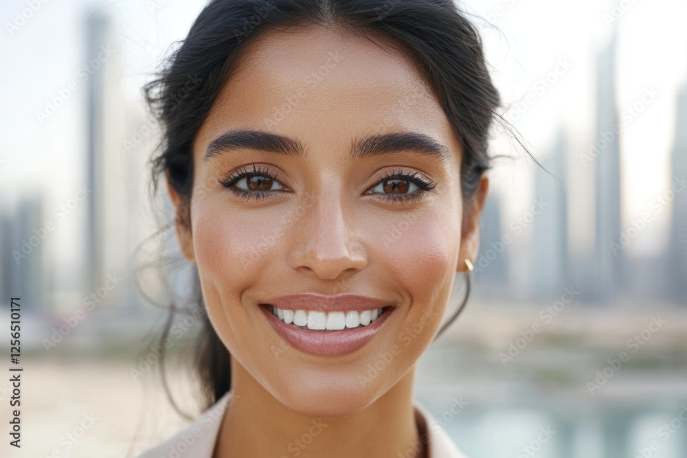 Smiling young hispanic female with city skyline as background Smiling young hispanic female with city skyline as background