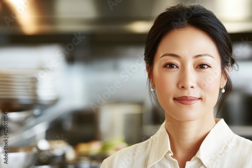 Asian female chef in professional kitchen setting with elegant smile
