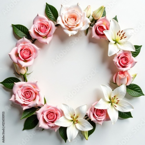 Elegant floral wreath with soft pink roses and white lilies , flowers, beauty, elegance