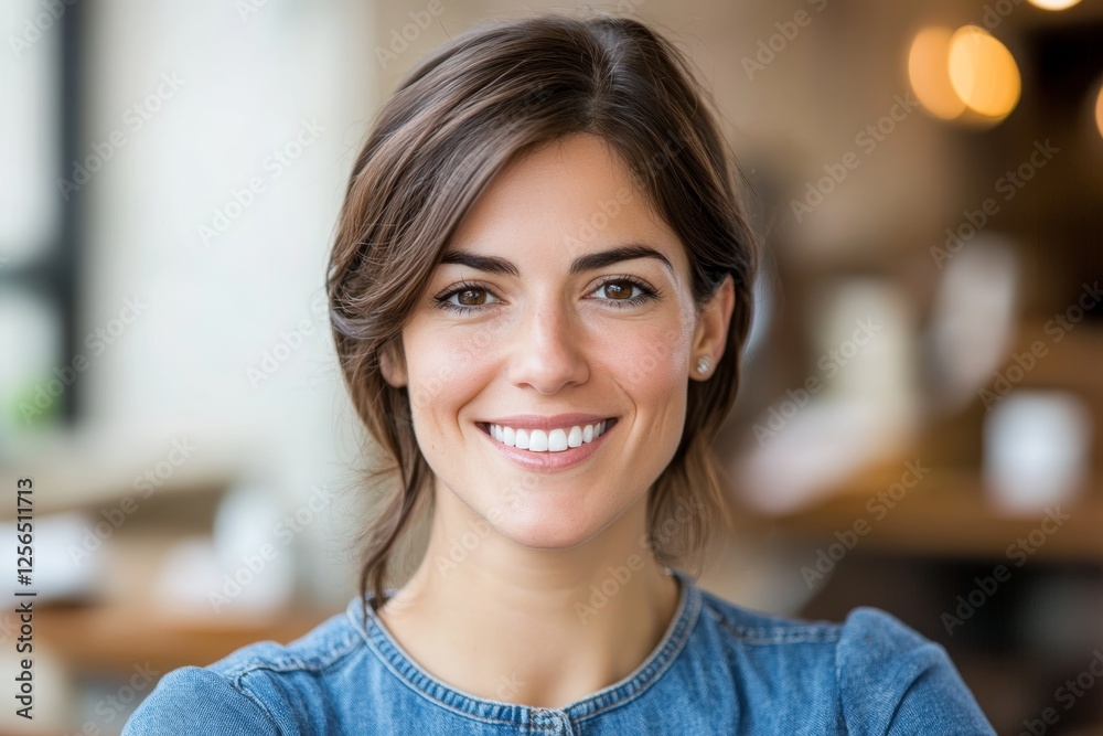 Smiling young caucasian female in denim jacket indoors Smiling young caucasian female in denim jacket indoors