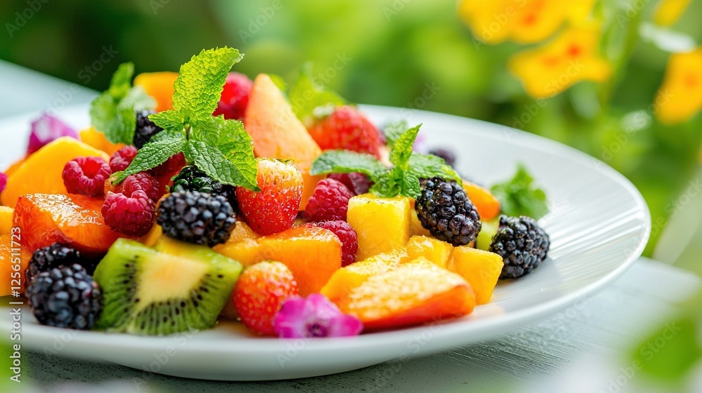 A close-up of a fruit salad on a table with flowers in the background A close-up of a fruit salad on a table with flowers in the background
