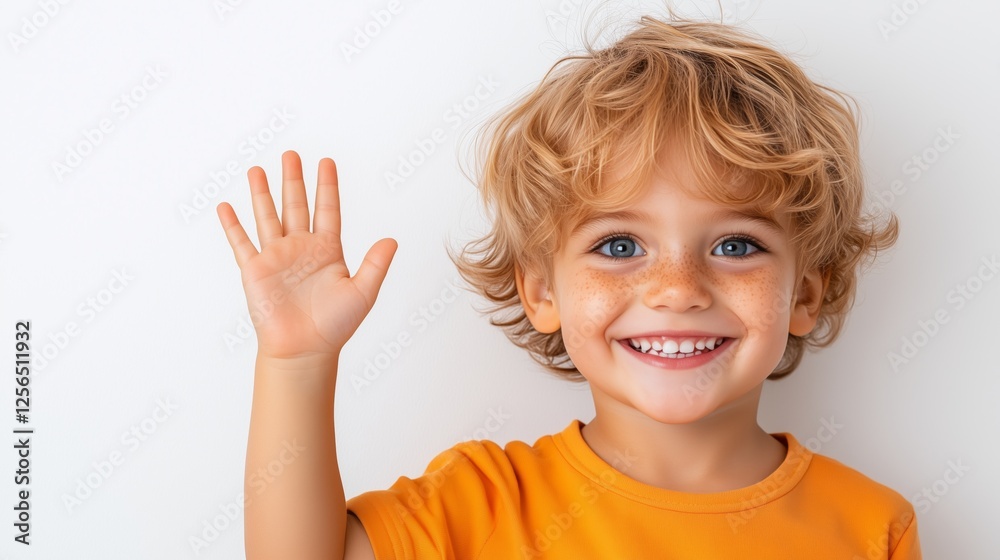 Child smiling and waving cheerfully against a clean white background Child smiling and waving cheerfully against a clean white background