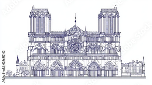 Historic buildings of France. Vector thin line icons of Marseilles Cathedral, Rouen Cathedral, Saint-Ouen Abbey Church, Sainte-Chapelle. French showplaces for print, souvenirs, postcards, t-shirts photo