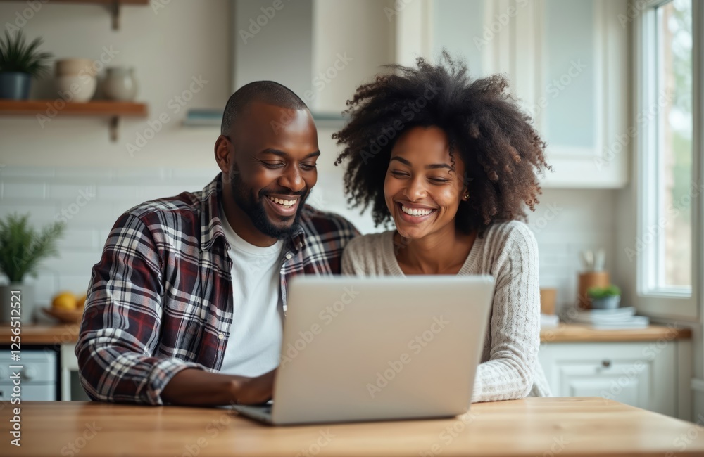 Smiling senior couple using laptop in kitchen. Happy together, watching video on computer screen. Feeling warmth, love between two people, wireless tech, modern communication, e-commerce, online Smiling senior couple using laptop in kitchen. Happy together, watching video on computer screen. Feeling warmth, love between two people, wireless tech, modern communication, e-commerce, online