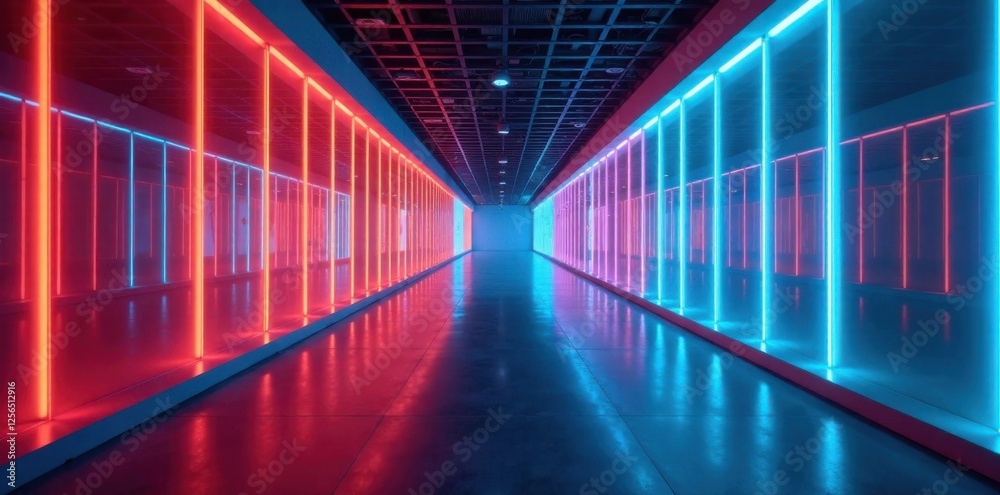 Fototapeta premium Glass corridor with LED lights, empty space , emptiness, corridor