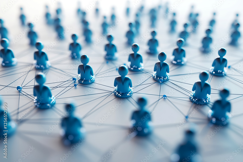 Conceptual representation of teamwork and collaboration among diverse individuals connected by network system. Numerous blue figures are interconnected through a web of lines, symbolizing teambuilding Conceptual representation of teamwork and collaboration among diverse individuals connected by network system. Numerous blue figures are interconnected through a web of lines, symbolizing teambuilding