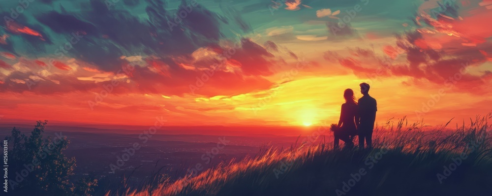 Fototapeta premium Couple enjoying vibrant sunset on grassy hill